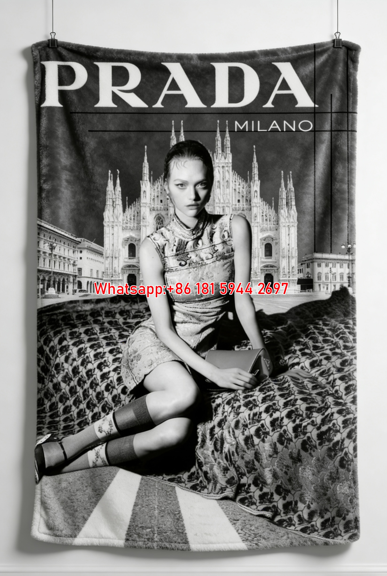 Prada Milano Fashion Editorial Print Flannel Throw Blanket Classic Black White Monochrome Luxury Sofa Cover Blanket IMG_2827